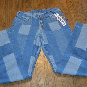 Blue Patchwork Flare Jeans